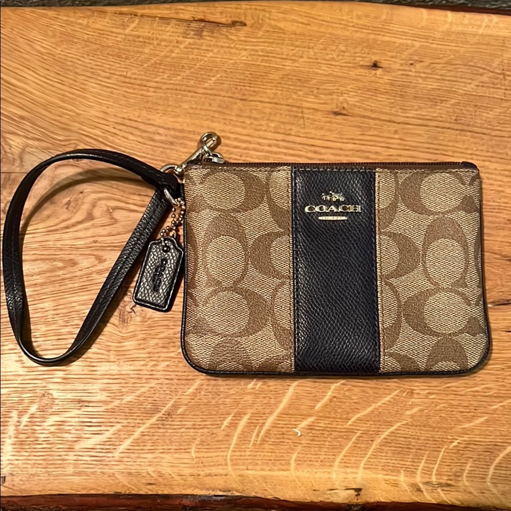 Coach Signature Tan Black Wristlet credit card and key chain classic monogram